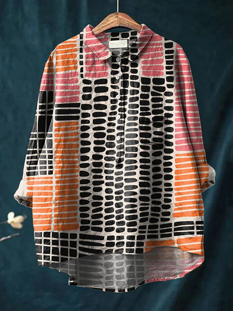 Vintage Geometric Pattern Art Print Casual Cotton And Linen Shirt