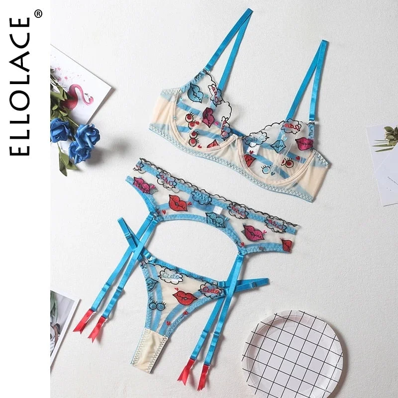 Ellolace 3-Piece Sets Sensual Lingerie Lip Embroidery Lace Transparent Underwear Breves Set With Garters Short Skin Care Kits