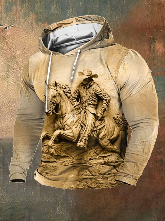 Men's Retro Western 3D Denim Print Hooded Sweatshirt