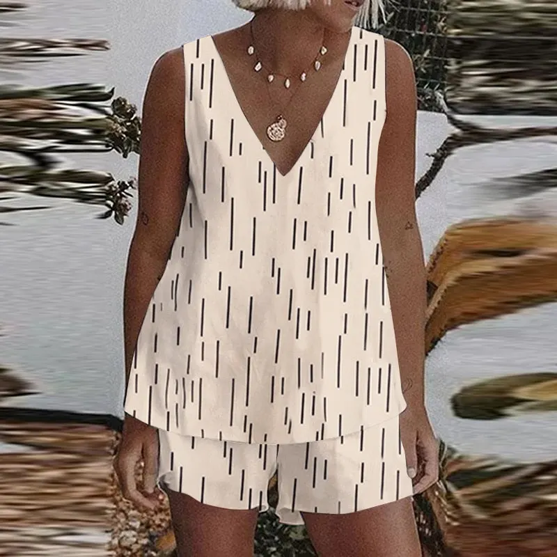 ZANZEA Summer Matching Sets Women Casual Sleeveless Short Sets Solid Tanks Tops and Shorts 2PCS Loose Cotton Suits Home wear