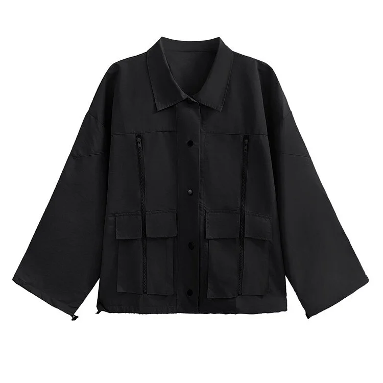 Simple Loose Solid Color Lapel Single-breasted Zipper Pockets Long Sleeve Jacket 