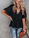 Solid Color Lace Split-Joint Short Sleeves Shirt Tops