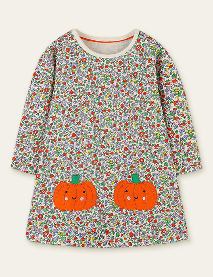 Floral Printed Pumpkin Embroidered Dress