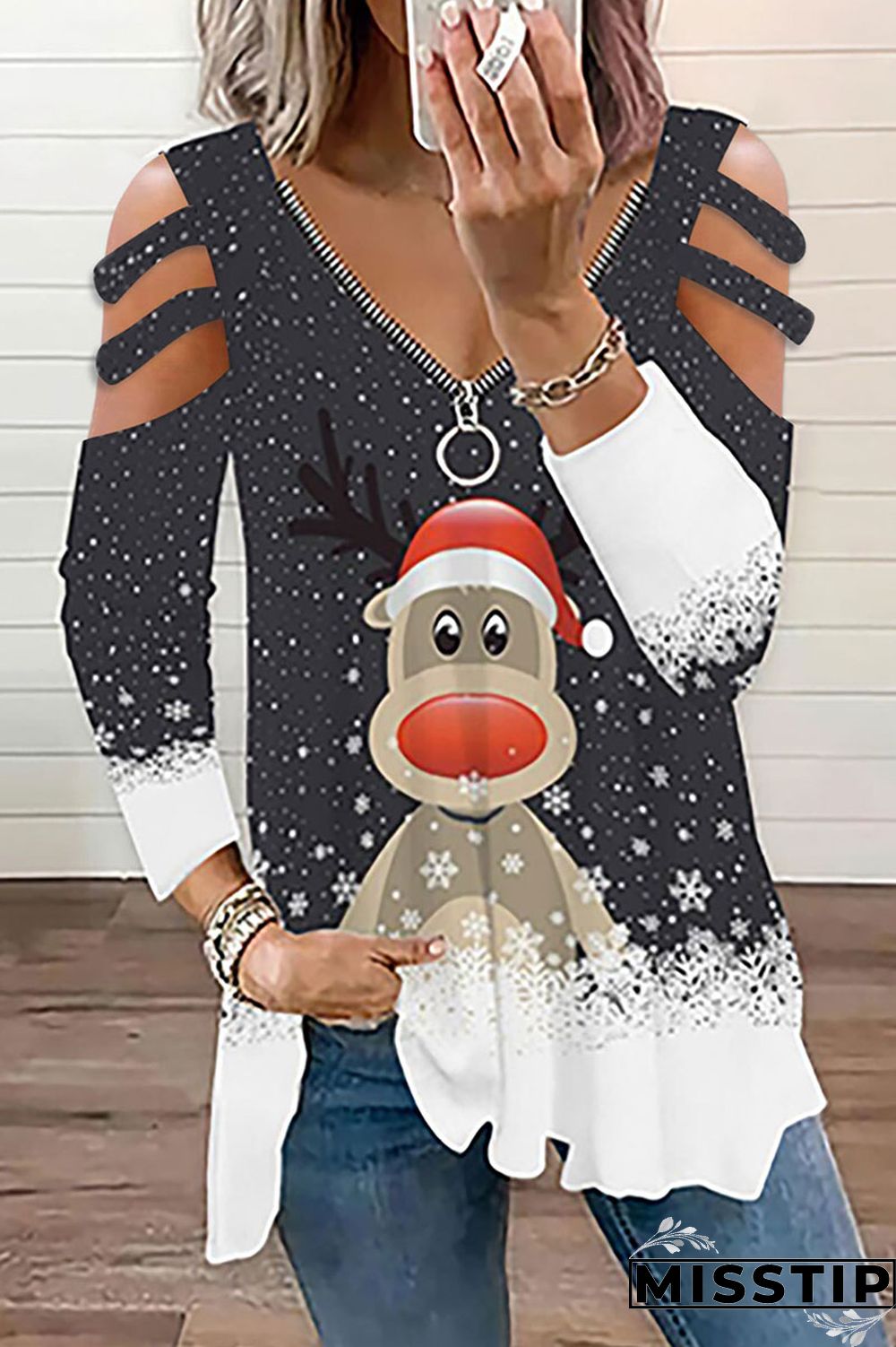 Blue Casual Print Hollowed Out Patchwork V Neck Tops