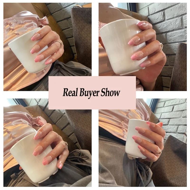 24PCS/box Gradient Color Ballet Med-Length Fake Nails press on full cover Wearing Wearable acrylic nail tips with glue for girls-Nail Inspo