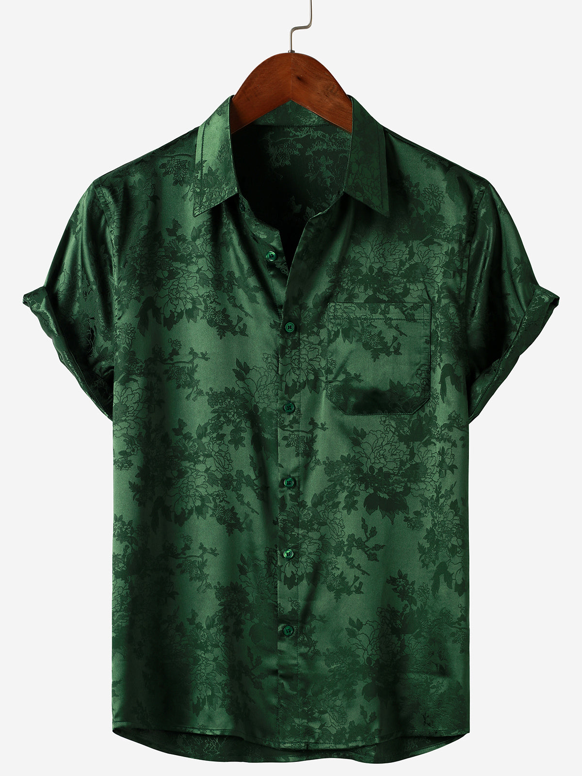 Men's Jacquard Pocket Silk Satin Floral Short Sleeve Shirt