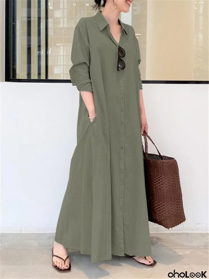 Minimalist Lapel Collar Long Sleeve Pocket Maxi Shirt Dress