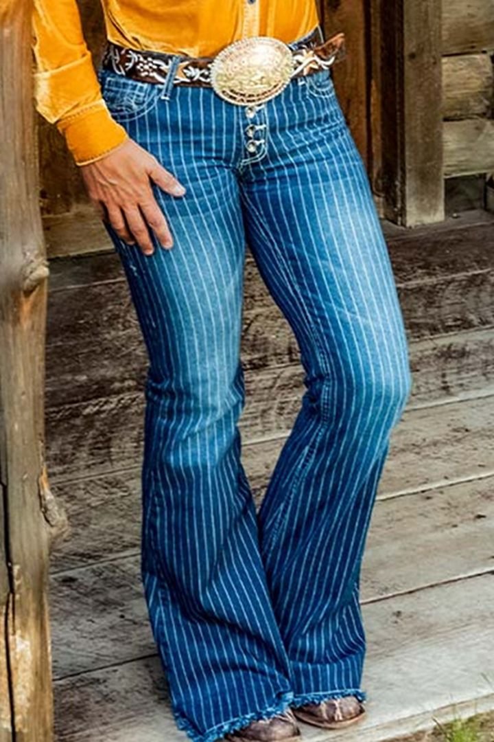 Striped Button Fly Raw Hem Flare Jeans