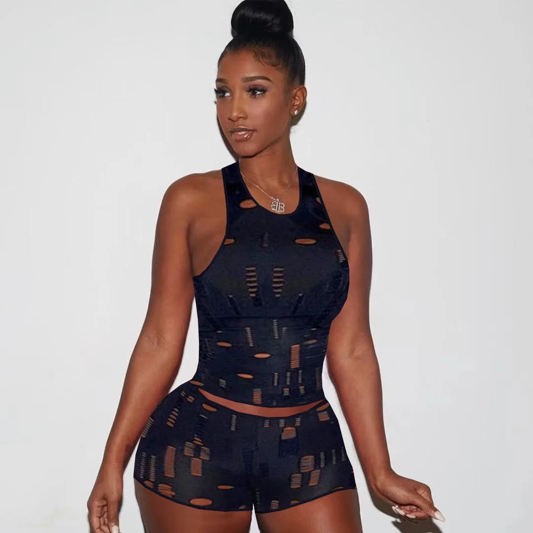 CM.YAYA Hole Active Women Set Long Sleeve T-shirt and Shorts Suit Sport Tracksuit Two Piece Set Fitness Outfit Black Tracksuit