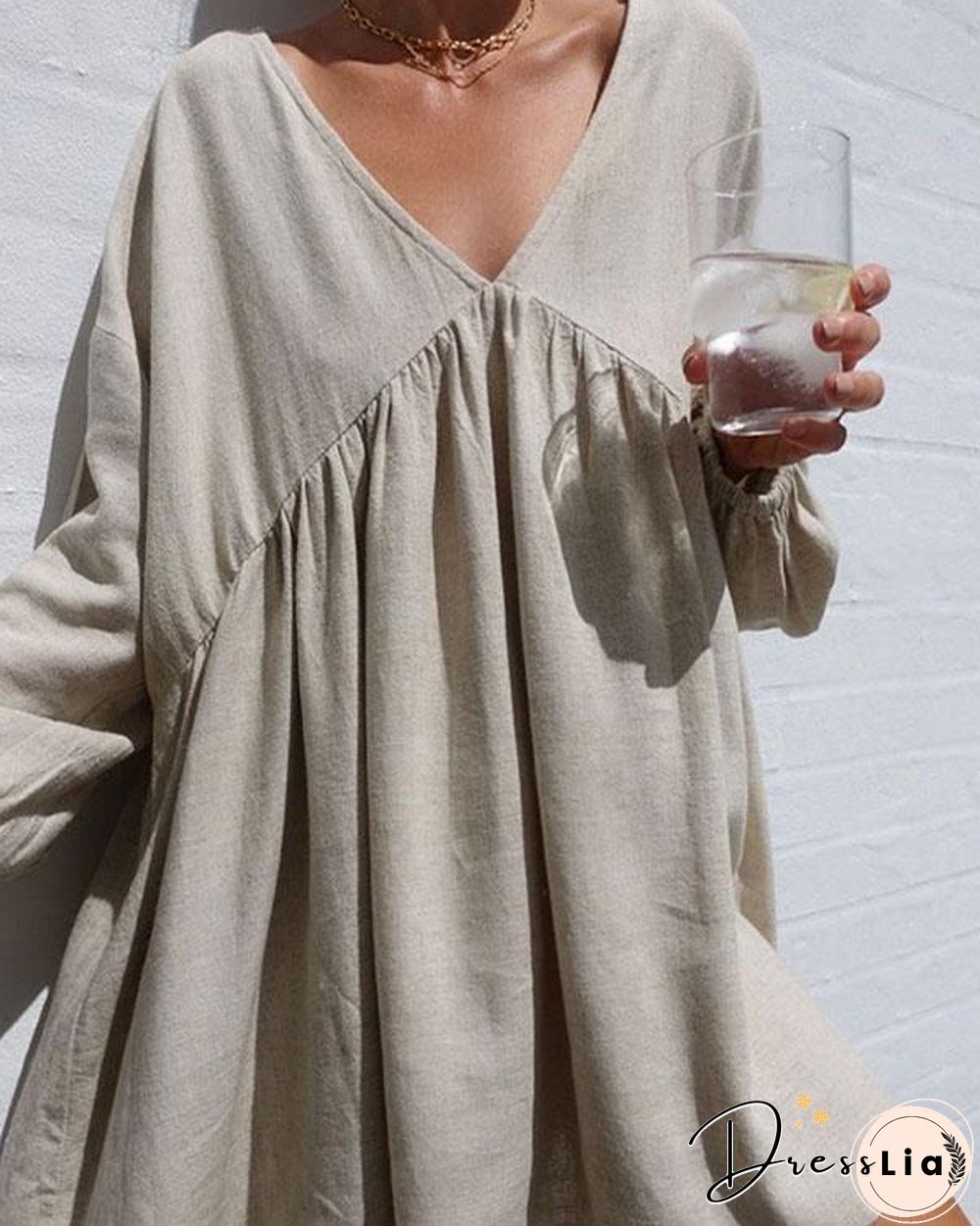Linen Cotton V Neck Pleated Lantern Sleeve Mini Dress Casual Dress