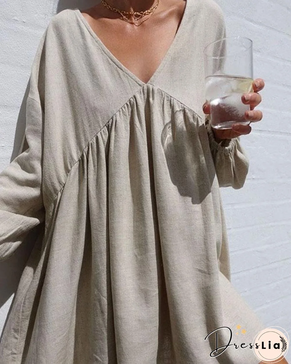 Linen Cotton V Neck Pleated Lantern Sleeve Mini Dress Casual Dress