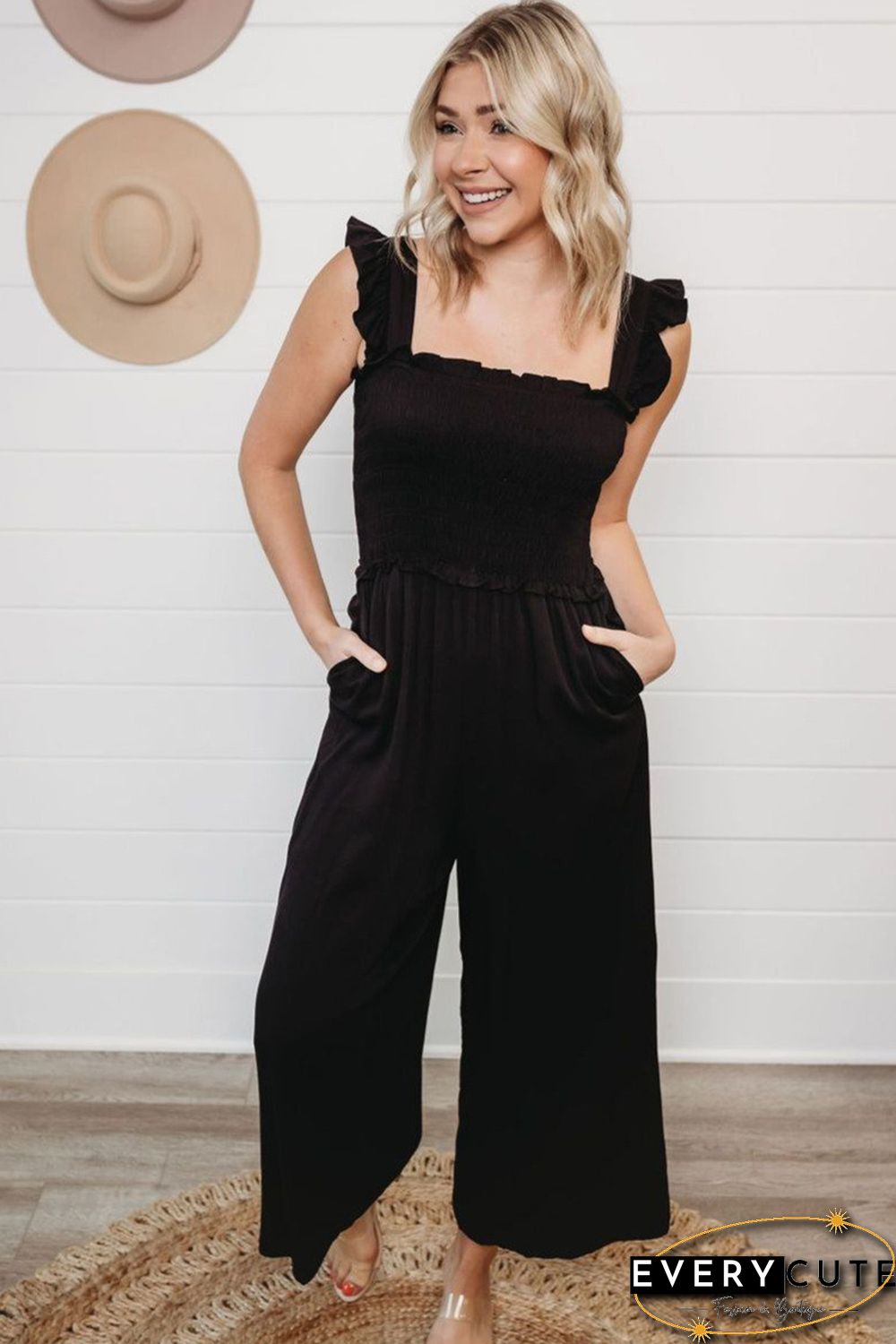 Smocked Pocketed Ruffled Sleeveless Wide Leg Jumpsuit