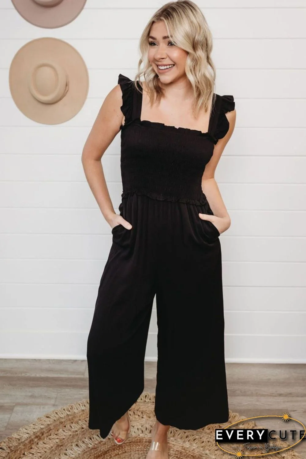 Smocked Pocketed Ruffled Sleeveless Wide Leg Jumpsuit