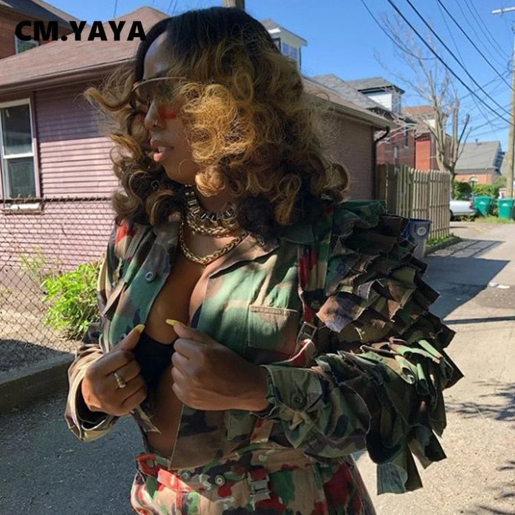 CM.YAYA Women Camouflage Cacading Ruffles Flare Sleeve Button Up Jacket Spring Winter Streetwear Military Jackets Outcoat