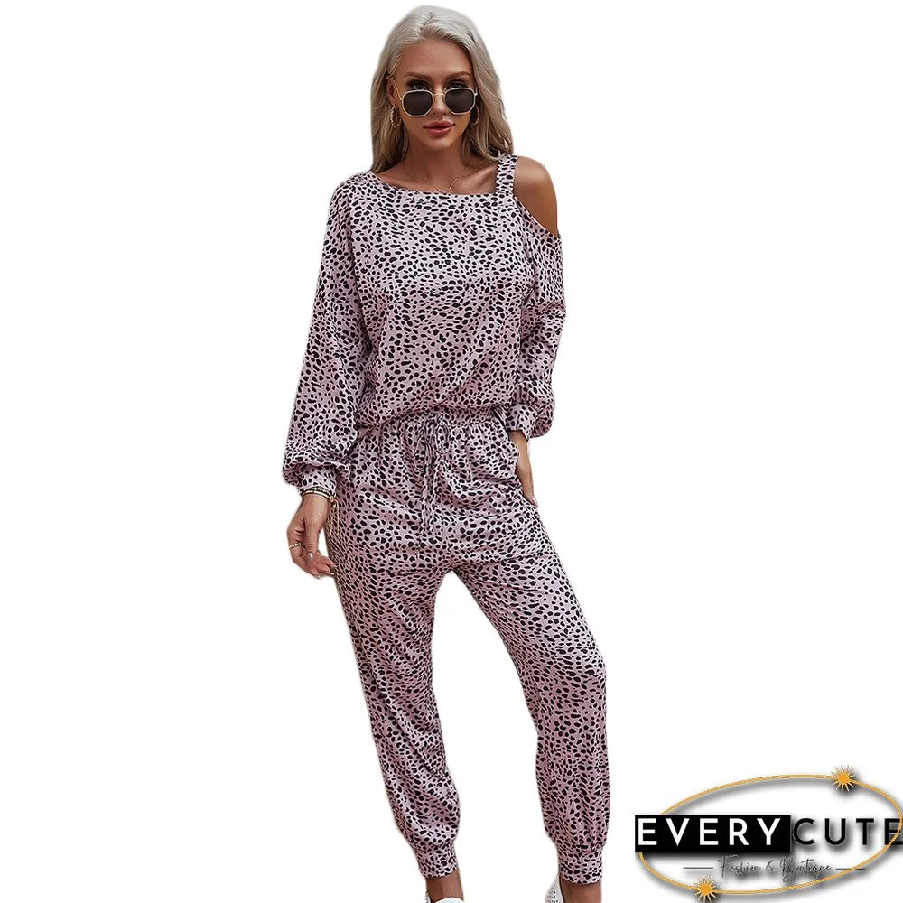Pink Leopard Print Cold Shoulder Loungewear Pant Set