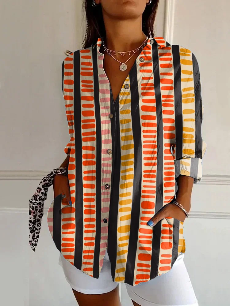 Vintage Colorful Striped Abstract Art PrintCasual Long-sleeved Shirt
