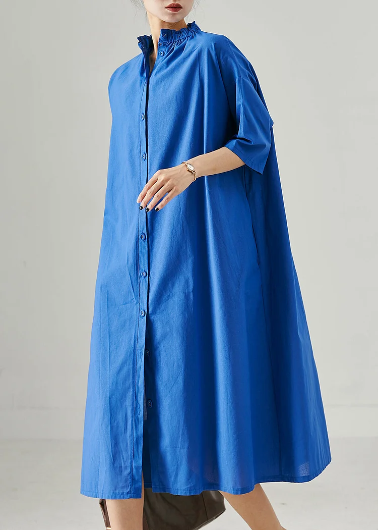 Style Blue Stand Collar Oversized Cotton Shirt Dress Summer