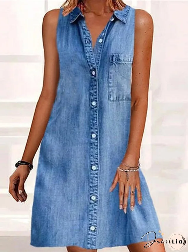 Casual Dress Denim Shirt Dress Mini Dress Denim Modern Casual Outdoor Daily Shirt Collar Button Pocket Sleeveless Summer Spring Regular Fit Blue Plain S M L XL 2XL for Women