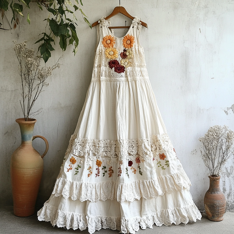 Bohemian Floral Embroidered Lace Sleeveless Dress