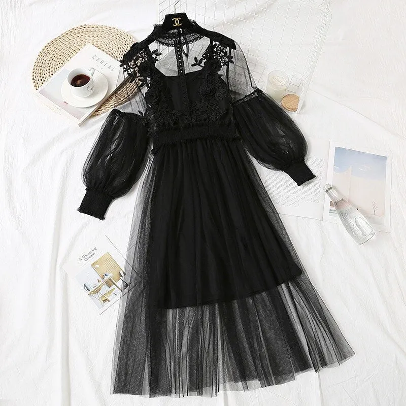 New Arrivals Lantern Sleeve Voile Long Dress Female Women Lace Flower Dress Women Casual Hook Princess Dresses 2 Piece Set 12041