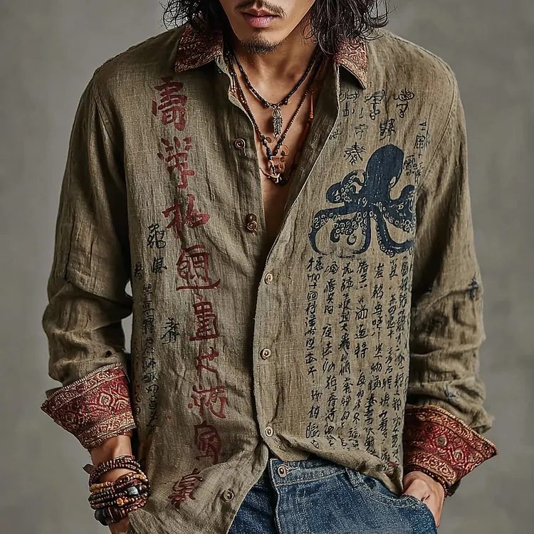 Men's Retro Japanese Calligraphy And Octopus Art Pattern Casual Shirt
