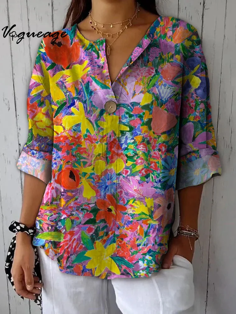 Gorgeous Bright And Gentle Flowers Printed Cotton And Linen Shirt