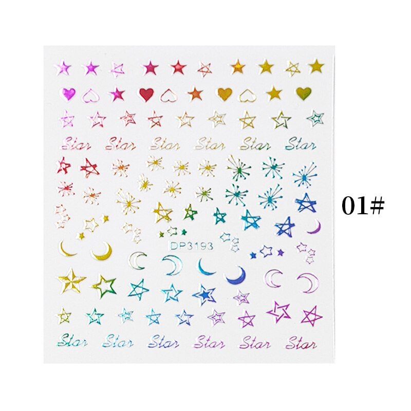English Letter Design 3D Nail Stickers Iridescent Geometrics Gold Stars Moon Transfer Nail Art Sliders Decoration Accessories