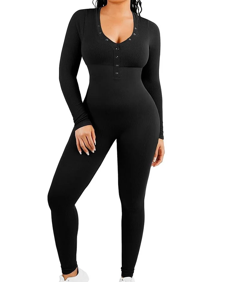 Square-Neck Button Ribbed Jumpsuit