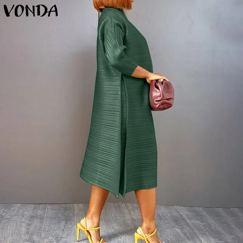 VONDA Casual Dress Women Spring High Neck Office Midi Dress 2022 Ladies Side Slit 3/4 Sleeve Solid Vestido Feminina A-Lined Robe