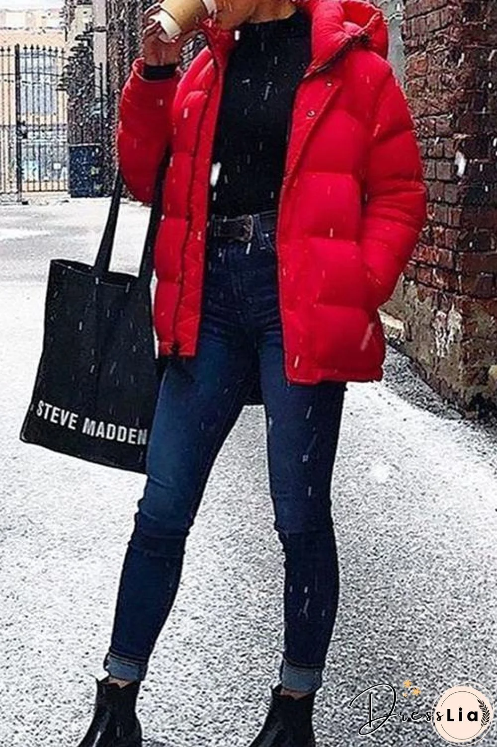 Zipper Button Hooded Coat