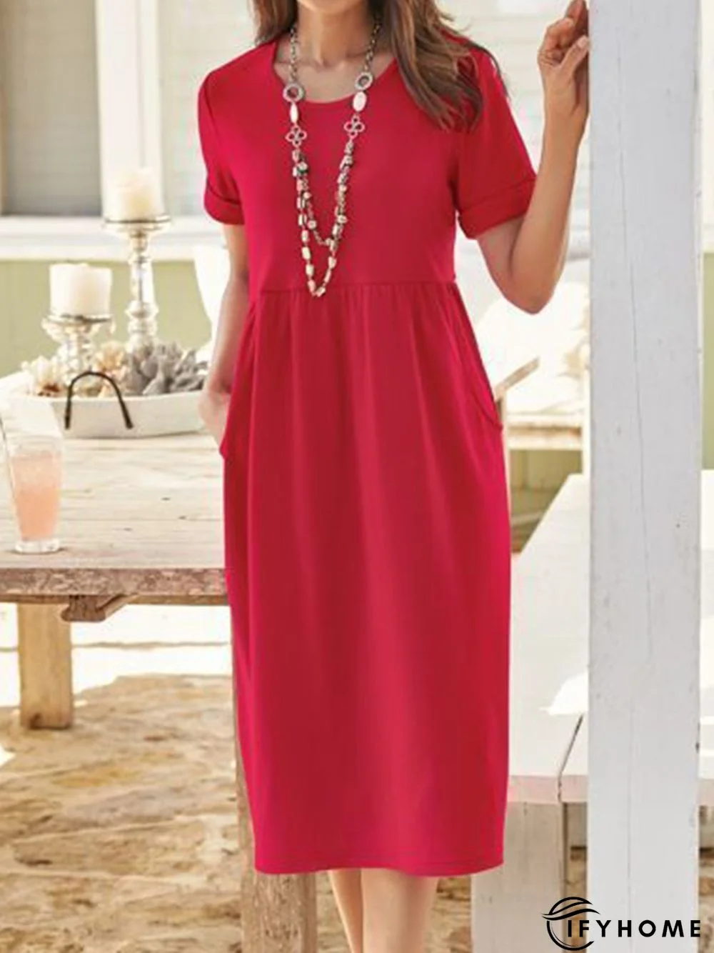 Women Caftan Pockets Shift Solid Casual Weaving Dress | IFYHOME