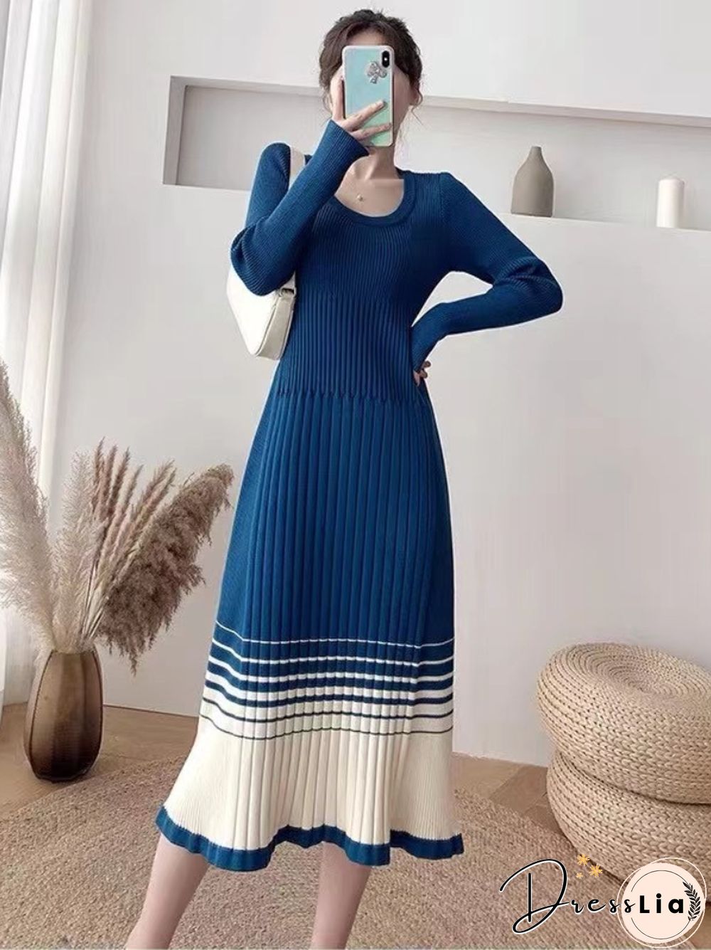 Autumn Winter New Women's Striped Knitting Pullover Dress Women's High Waist Loose Korean Fashion Long Sleeve Knitting Dress Top