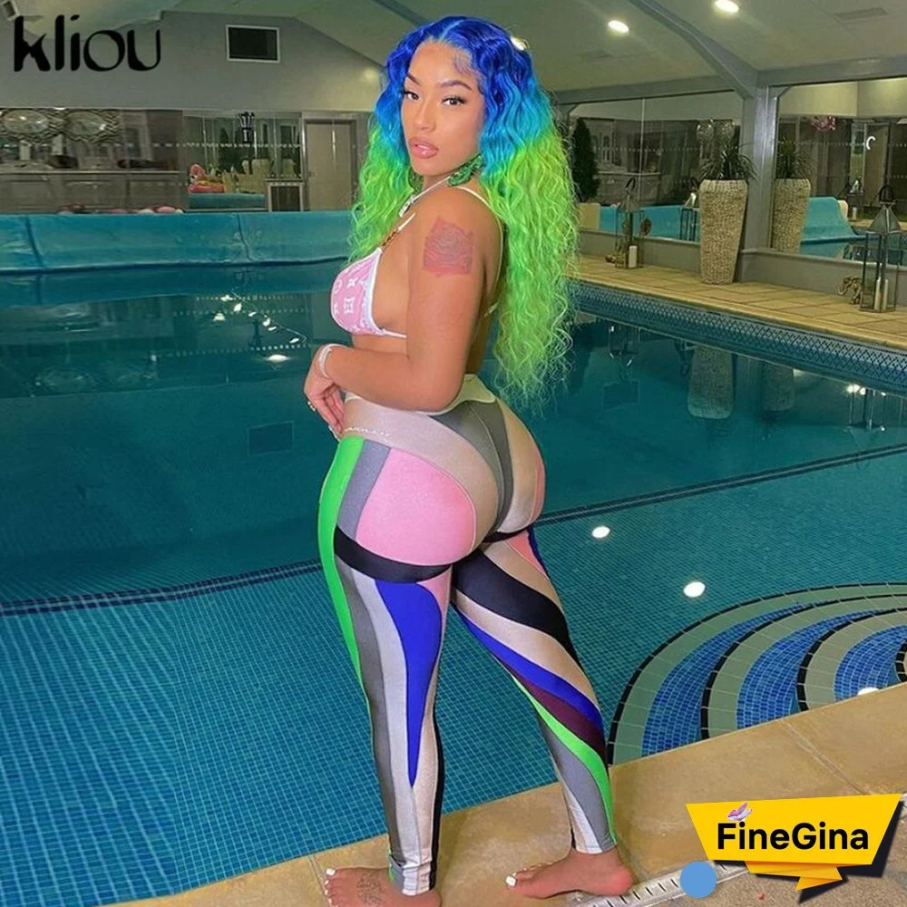 Kliou Color Blocking Women Leggings High Waist Stretchy Skinny Striped Fitness Pants Color Match Streetwear Slim Clothing