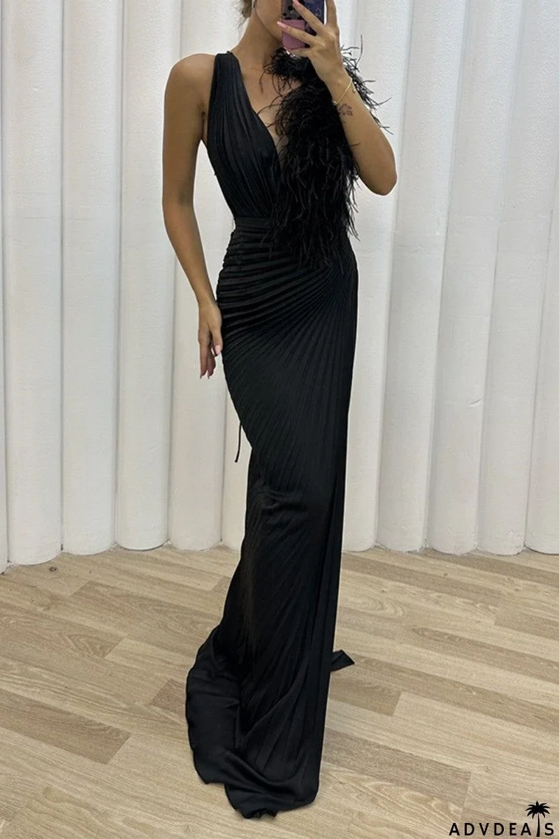 Sexy Solid Patchwork Pleated V Neck Long Dress Dresses