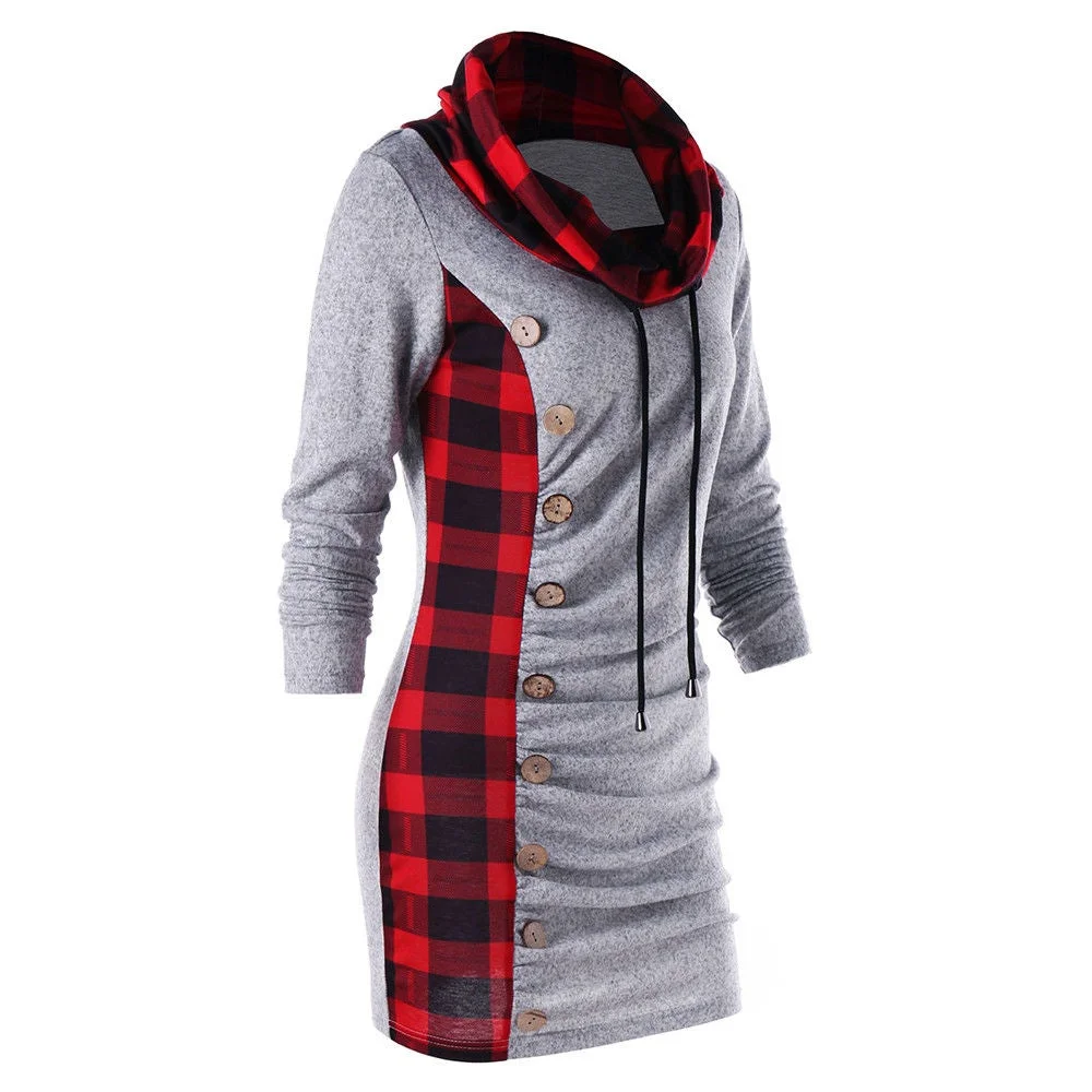 High-Neck Slim Plaid cCasual Dress Top
