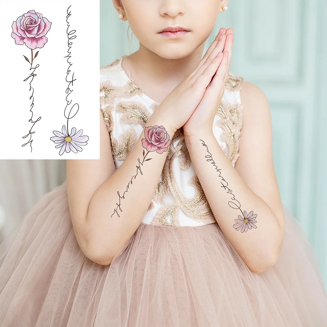 Black Little Flower Fashion Finger Temporary Tattoos For Women Adult Leaves Daisy Rose Fake Tattoo Letter Body Art Tatoos Decal