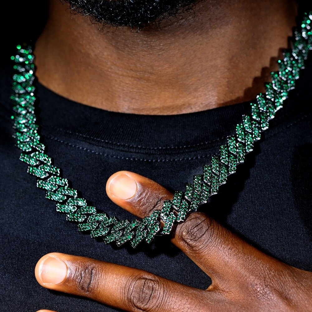 15MM Iced Out Silver Green Rhinestone Cuban Chain Men Hip Hop Necklace Jewelry-VESSFUL