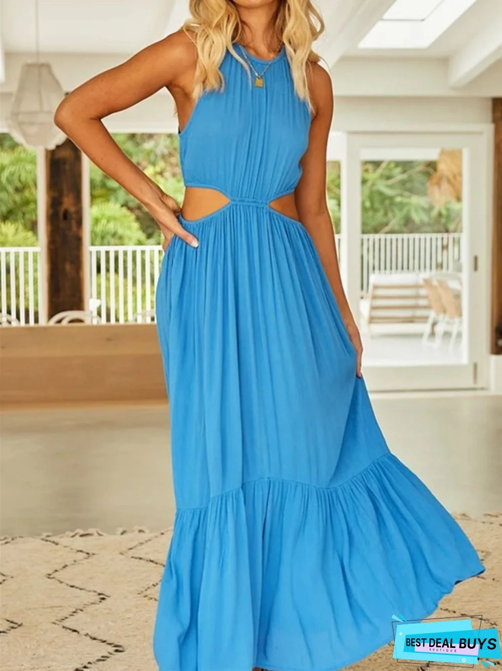 Small Fresh Temperament Hanging Neck Fashion Solid Color Sexy Waist Dress