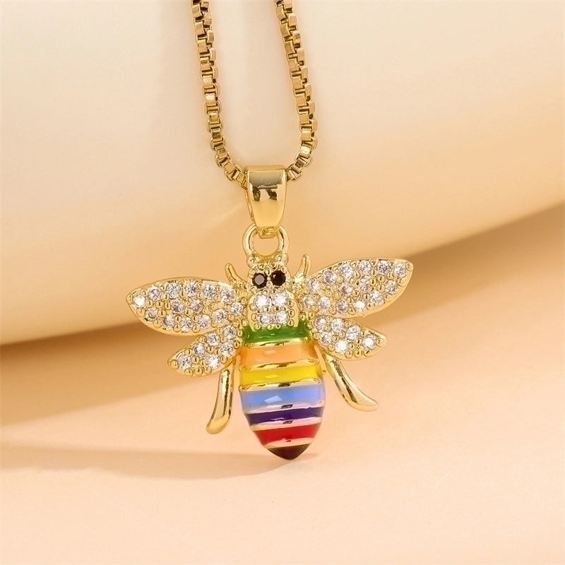 Stainless Steel Titanium Steel 18K Gold Plated Retro Lady Roman Style Enamel Plating Inlay Snake Bee Butterfly Zircon Pendant Necklace