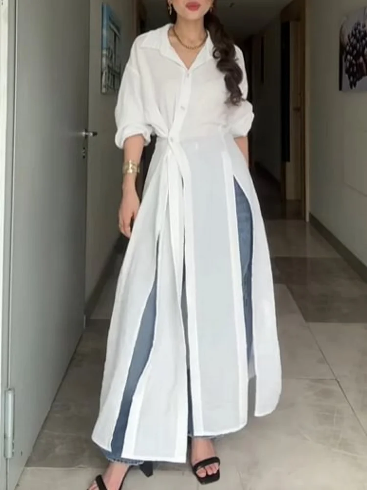 Solid Color Slit Long Irregular Long Shirt Dress