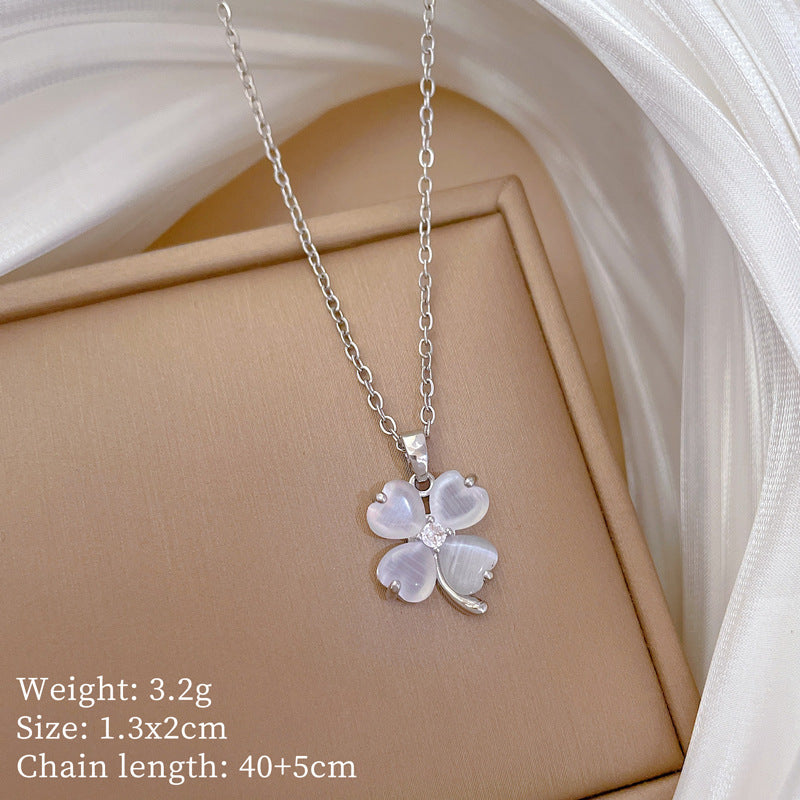 Cat’S Eye Clover Fashion Gorgeous Full Diamond Necklace Women’S All-Match Clavicle Chain Titanium Steel