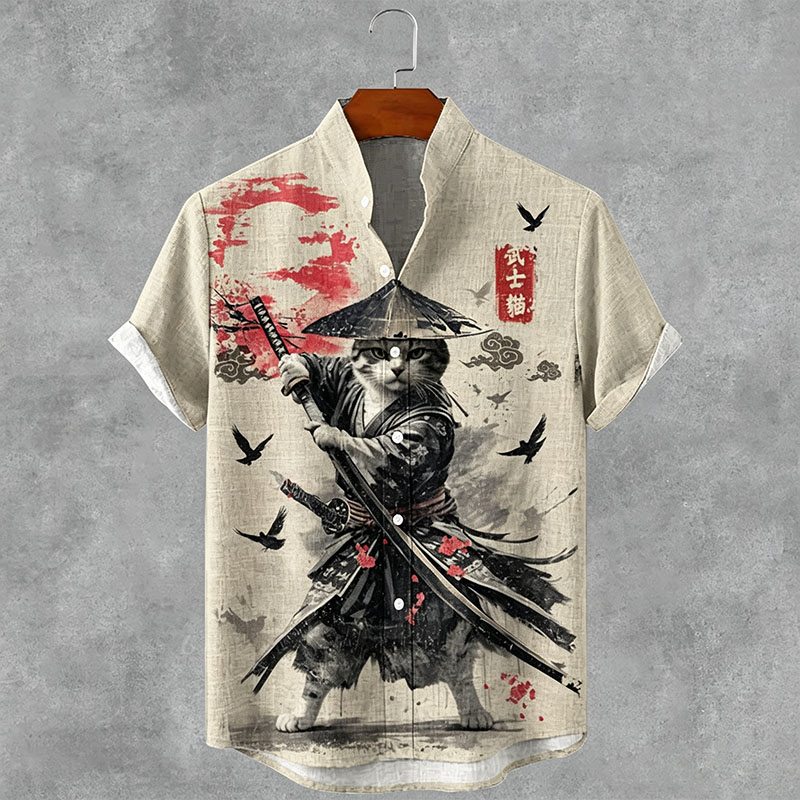 Men's Japanese Style Samurai Cat Art Print Short Sleeve Shirt elevenforest