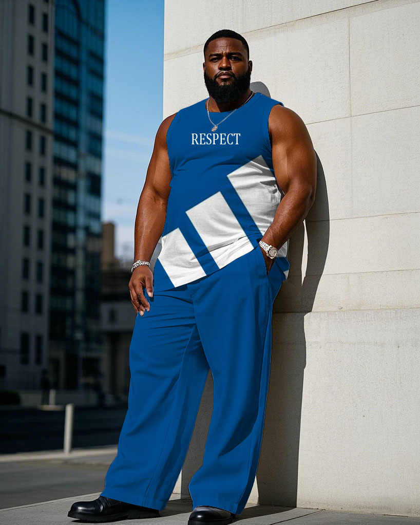 Men's Plus Size Blue & White Chest“Respect” Slogan Print Casual Vest Trousers Suit