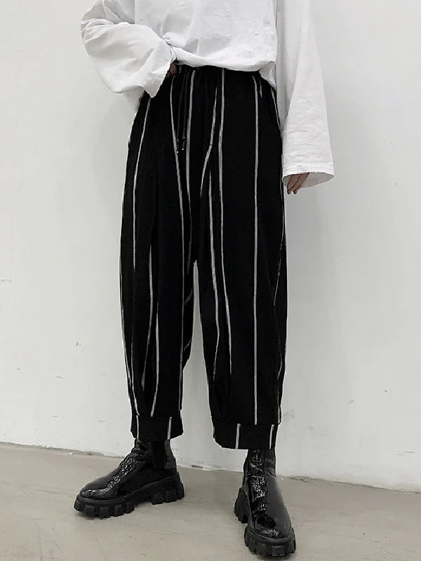 Aonga - Mens Striped Pattern Loose Casual Cropped Pants
