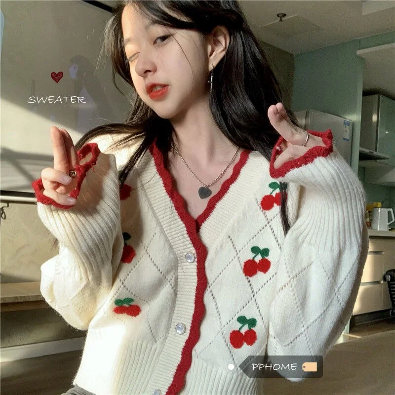 Cardigan Women Vintage Female V-neck Lovely Cartoon Pattern Preppy Style Knitting Outerwear Sweet Long Sleeve Spring Autumn Chic