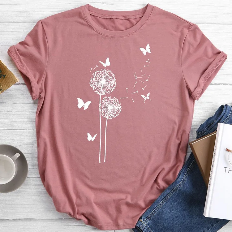 Dandelion Butterfly Round Neck T-shirt-0019093