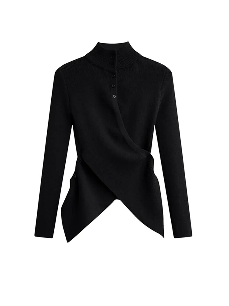 French Elegance Sweater Slim Office Lady Mock Neck Knitted Pullover Loose Ins Korean Fashion Solid Jumper Simple Kpop New Design