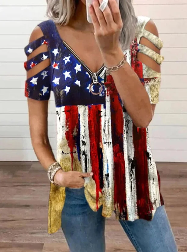 Retro Flag Short Sleeve 4th Of July Printed T-Shirt socialshop