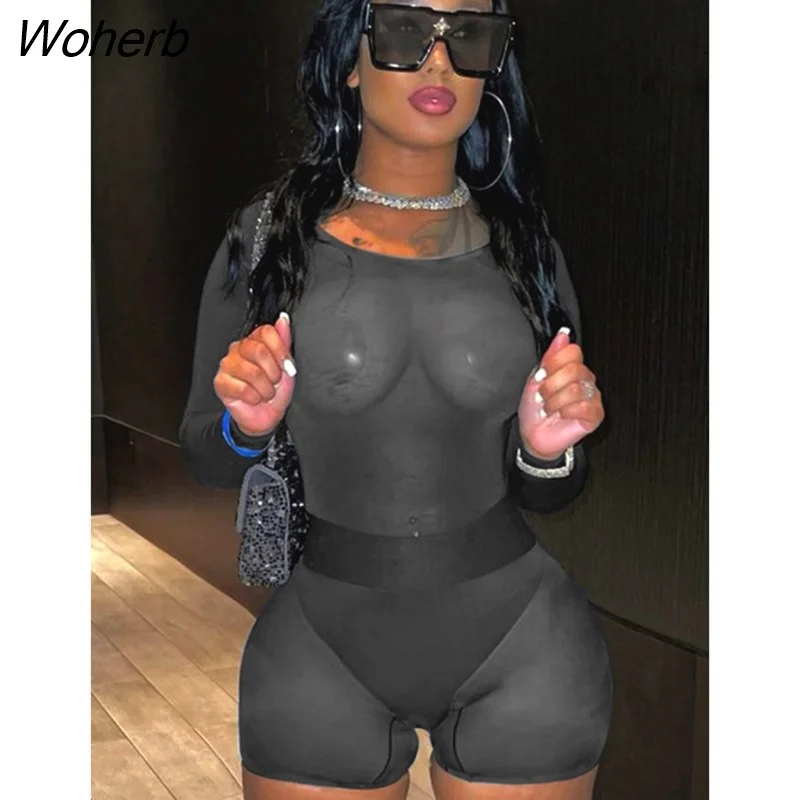 Woherb Sexy See Through Mesh Round Neck Long Sleeve Slim Bodysuit And Shorts 2 Piece Short Set 305-1