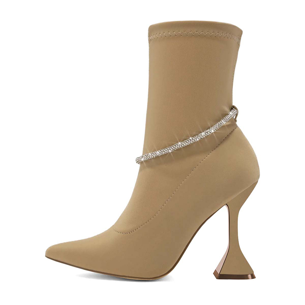 Khaki Pointed Toe Rhinestone Strap Sock Booties with Flared Heel Nicepairs